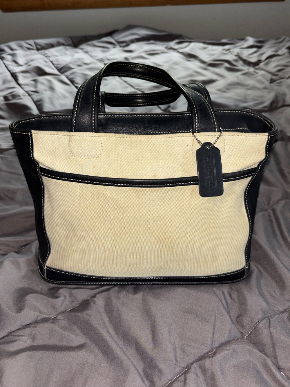 Coach Canvas and Navy Leather Trim Tote Bag - Navy/Beige